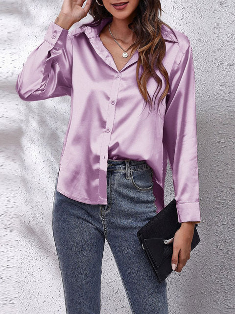 Women's Satin Collared V Neck Long Sleeve Blouse