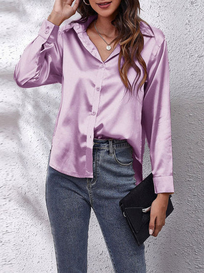 Women's Satin Collared V Neck Long Sleeve Blouse