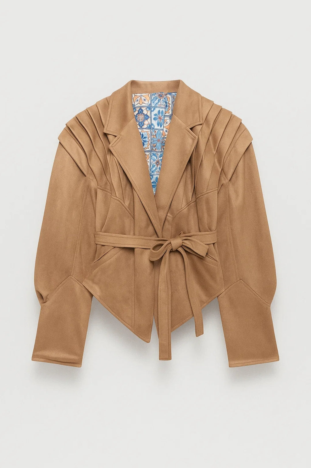 Women's Belted Pleated Shoulder Tailored Jacket - Beige