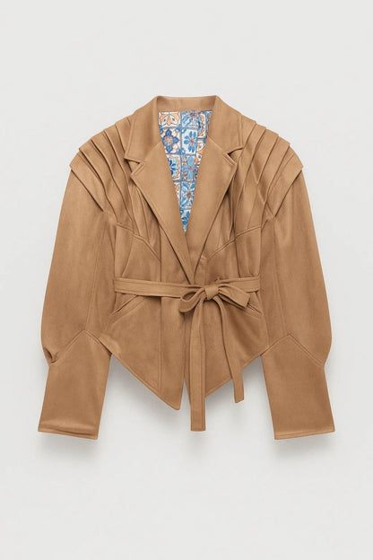Women's Belted Pleated Shoulder Tailored Jacket - Beige