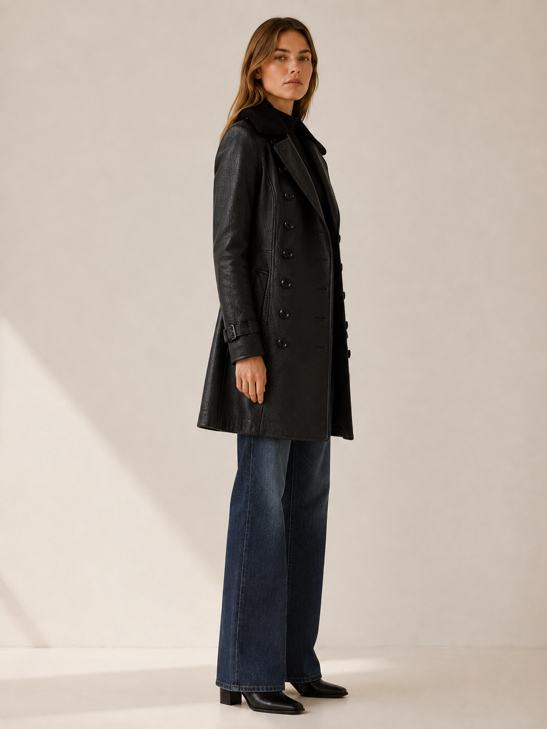 Women's Double Breasted Textured Tailored Long Coat