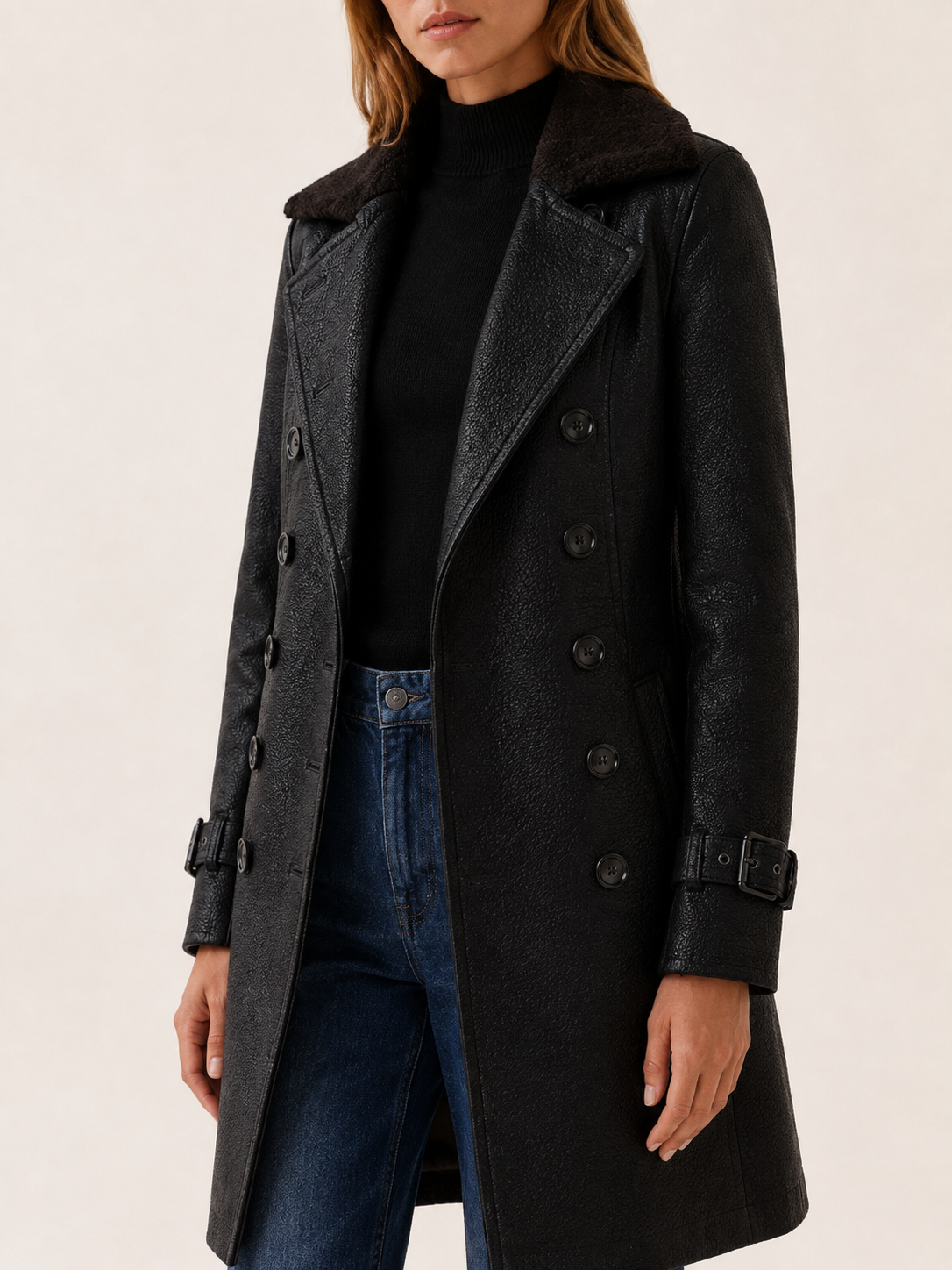 Women's Double Breasted Textured Tailored Long Coat