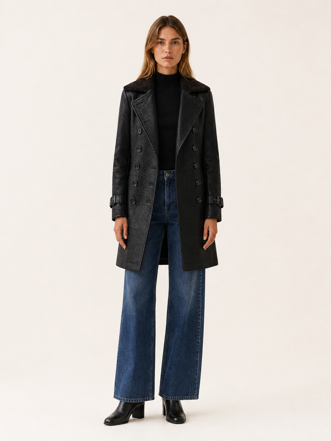 Women's Double Breasted Textured Tailored Long Coat - Black