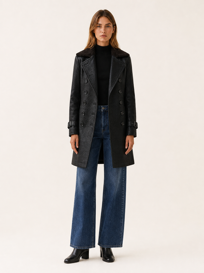 Women's Double Breasted Textured Tailored Long Coat - Black