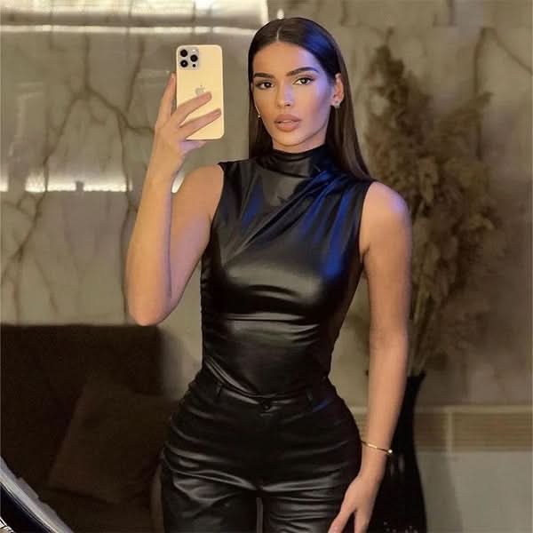 Women's Mock Neck Sleeveless Ruched Faux Leather Top - product image 5