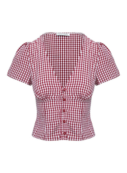 Women's Summer Gingham V Neck Short Sleeve Blouse