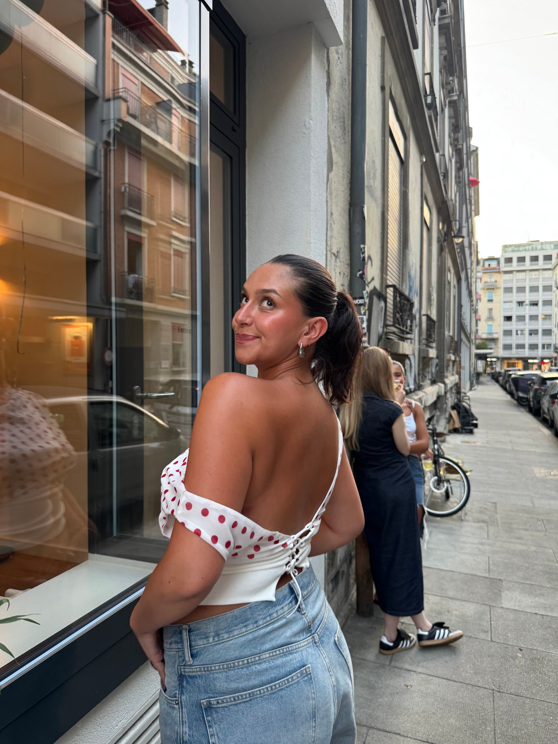 Women's Polka Dot One Shoulder Tie Back Crop Top