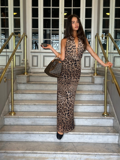 Women's Cocktail Leopard Halter Maxi Dress With Open Back
