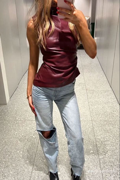 Women's Mock Neck Sleeveless Ruched Faux Leather Top - product image 4
