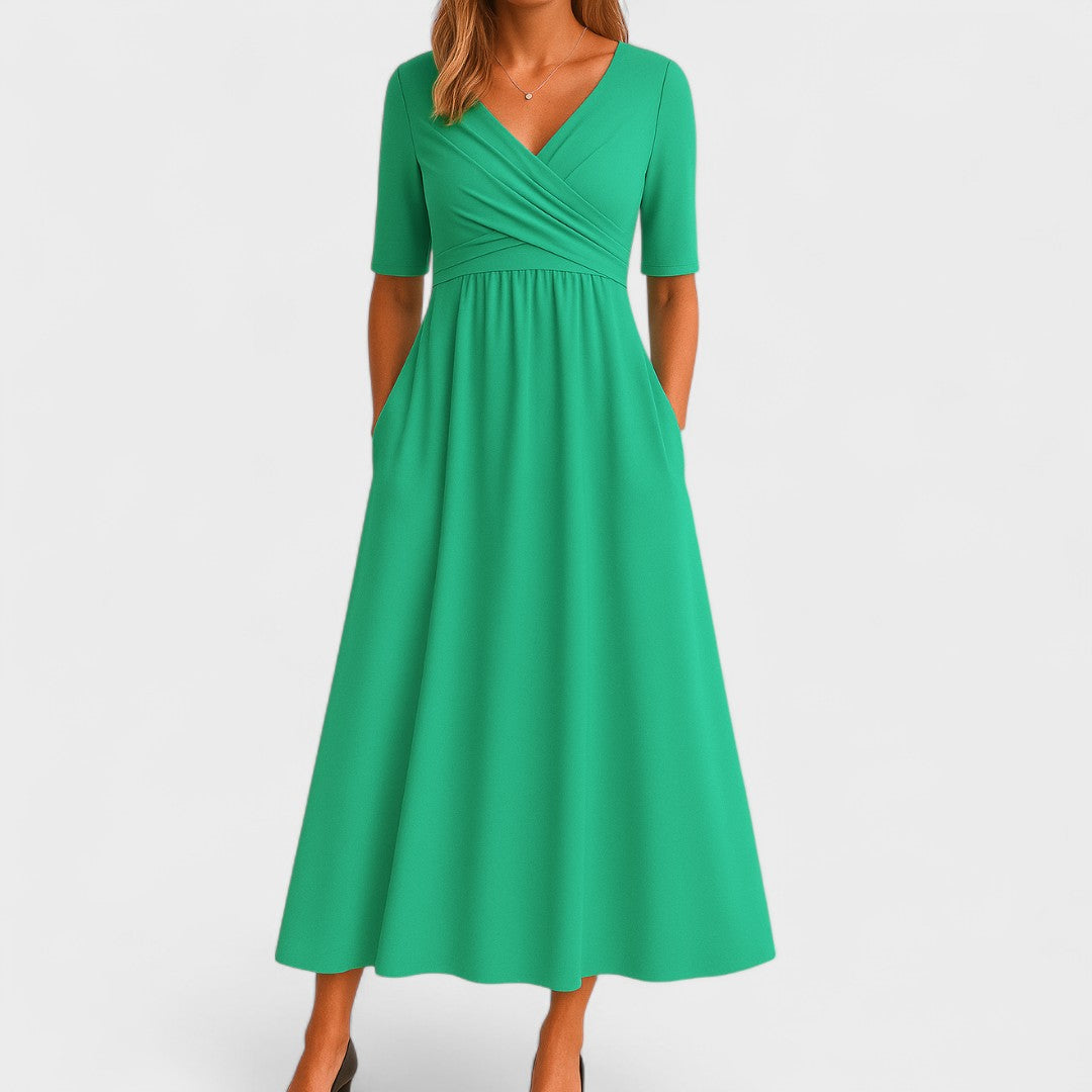 Women's Wedding Guest V Neck Elbow Sleeve Midi Dress