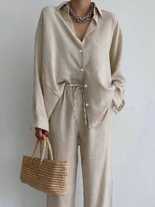 Women's Summer Linen Button Up Shirt Wide Leg Pants Set