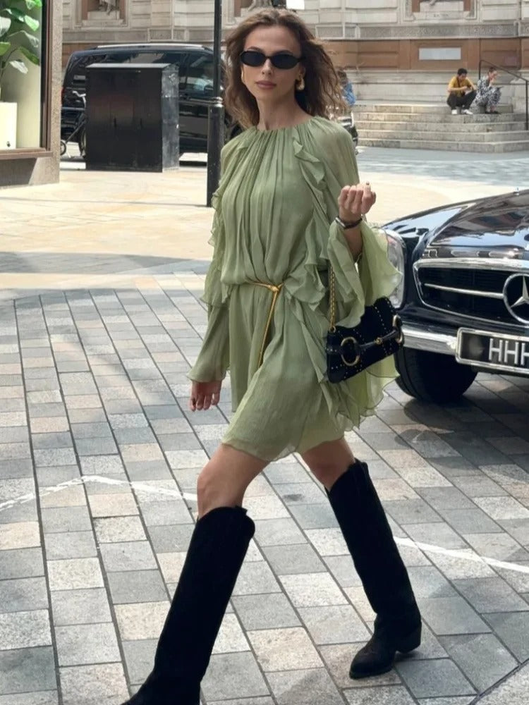 Women's Summer Long Sleeve Ruffle Mini Dress Round Neck