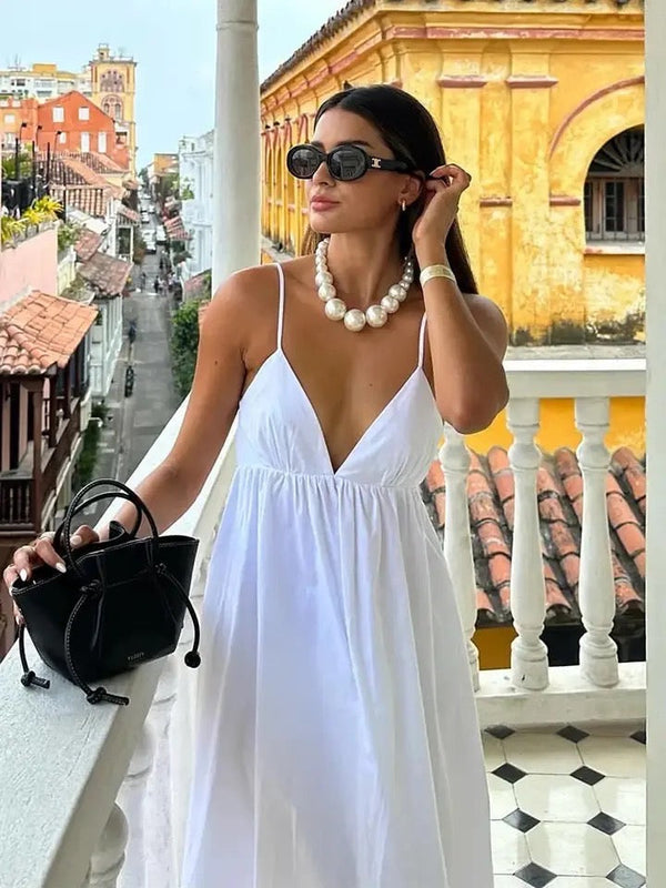 Women's Summer Low Back V Neck Maxi Dress Sleeveless