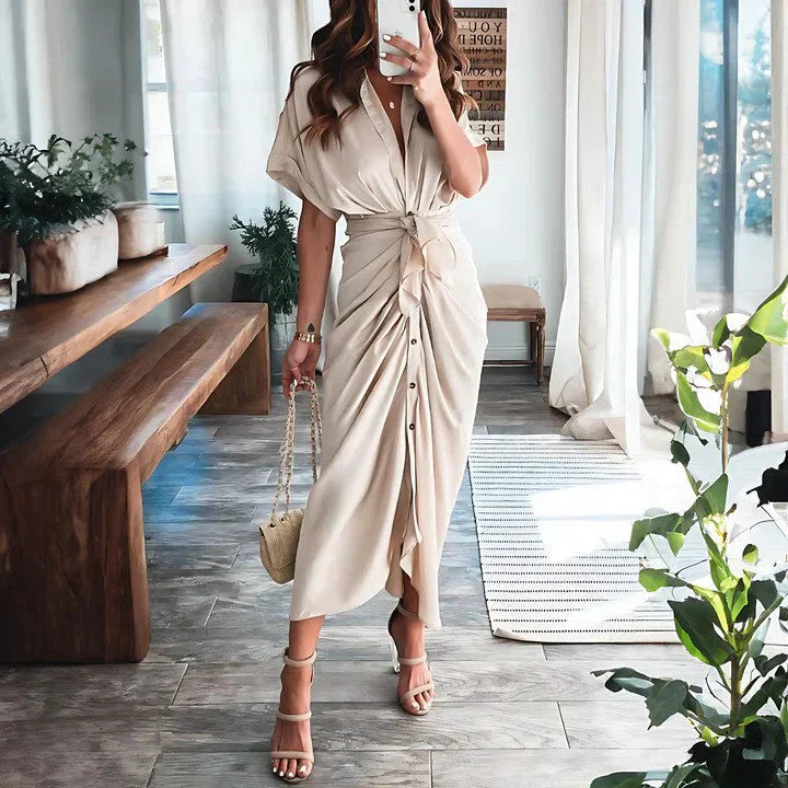 Women's Wedding Guest Collared V Neck Midi Dress