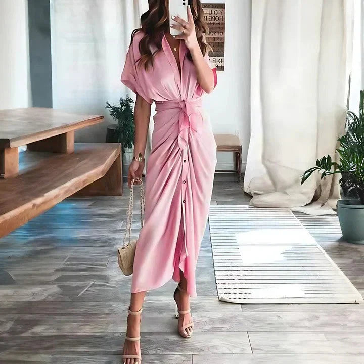 Women's Wedding Guest Collared V Neck Midi Dress