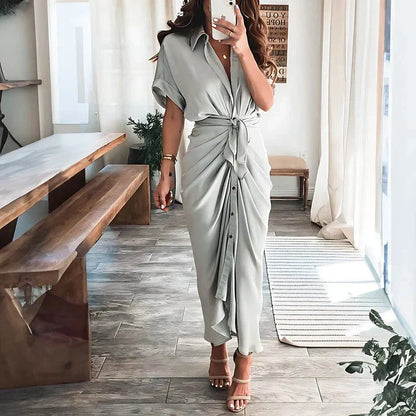 Women's Wedding Guest Collared V Neck Midi Dress