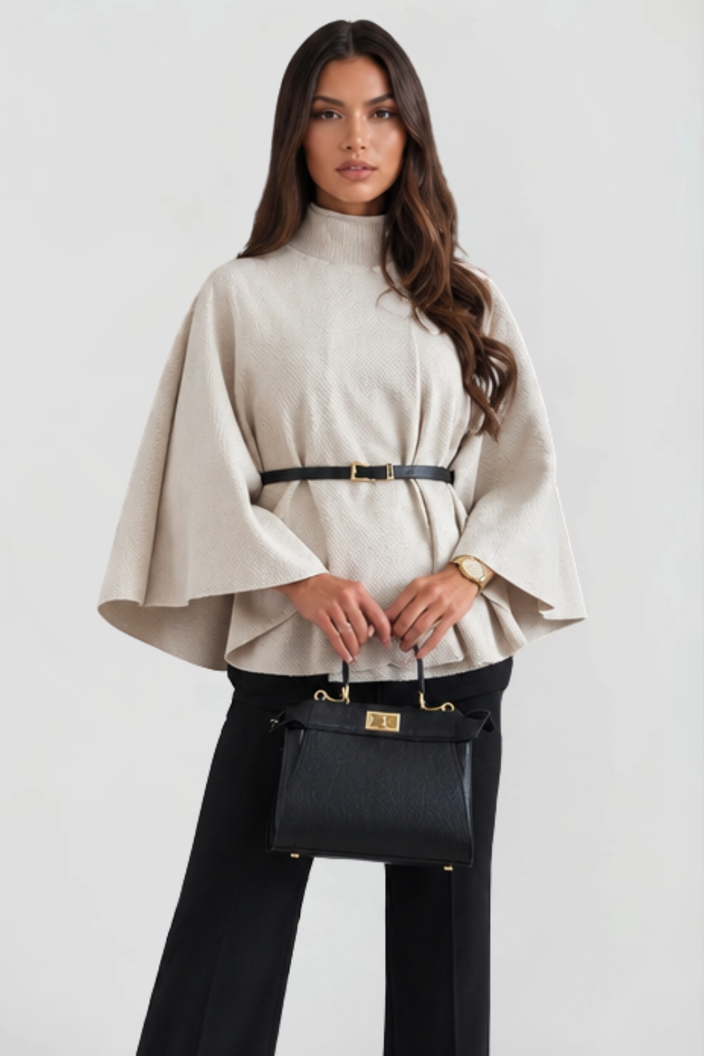 Women's Belted Oversized Wool Cape Coat - Creamy White