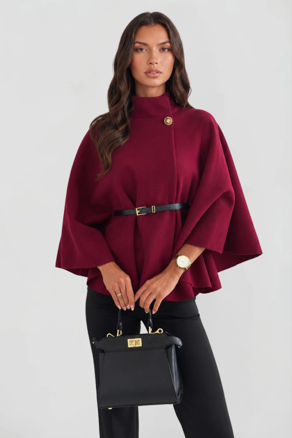 Women's Belted Oversized Wool Cape Coat - Wine Red