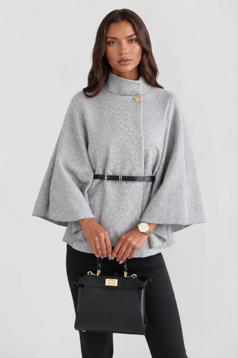 Women's Belted Oversized Wool Cape Coat - Light Gray