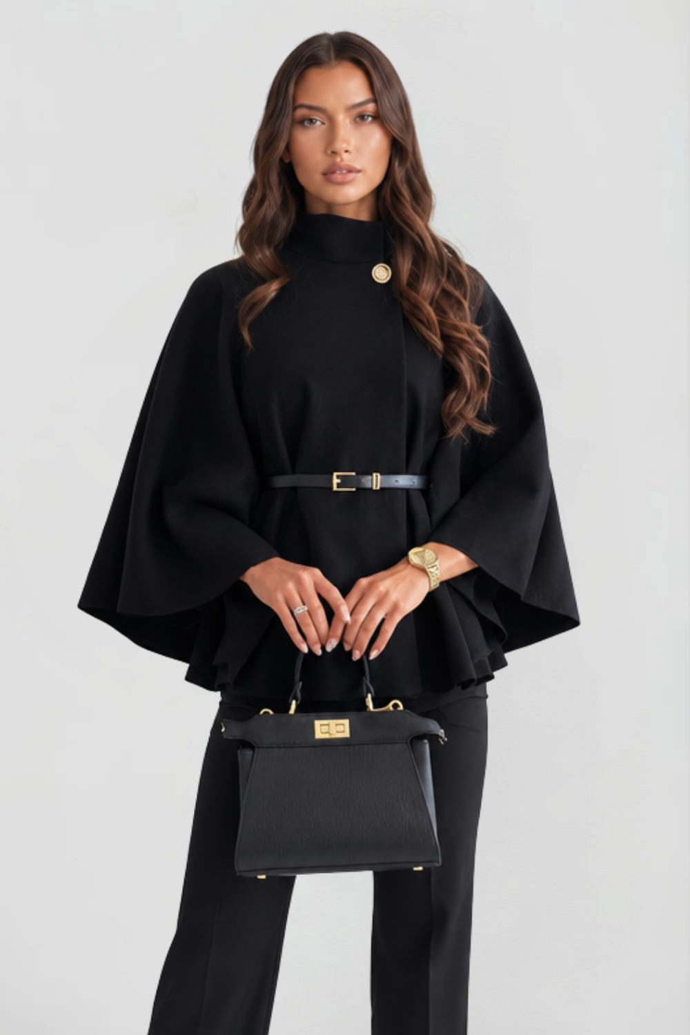 Women's Belted Oversized Wool Cape Coat - Black