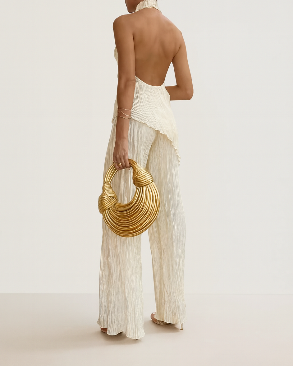 Women's Cocktail Pleated Halter Neck Two Piece Pants Set