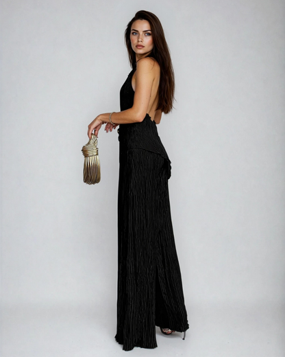 Women's Cocktail Pleated Halter Neck Two Piece Pants Set