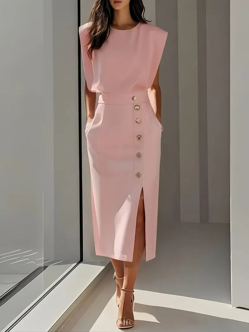 Women's Cocktail Sleeveless Button Detail Midi Dress