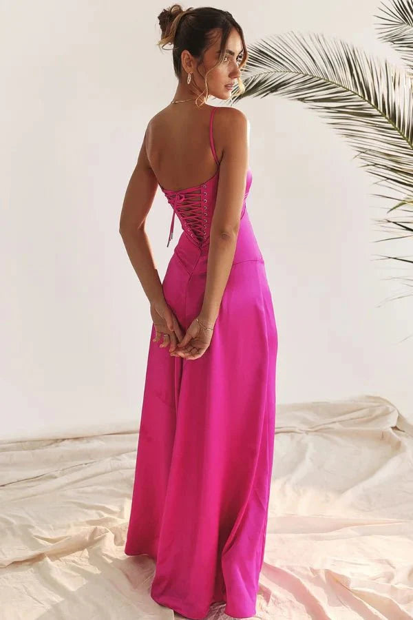 Women's Prom Satin Square Neck Maxi Dress