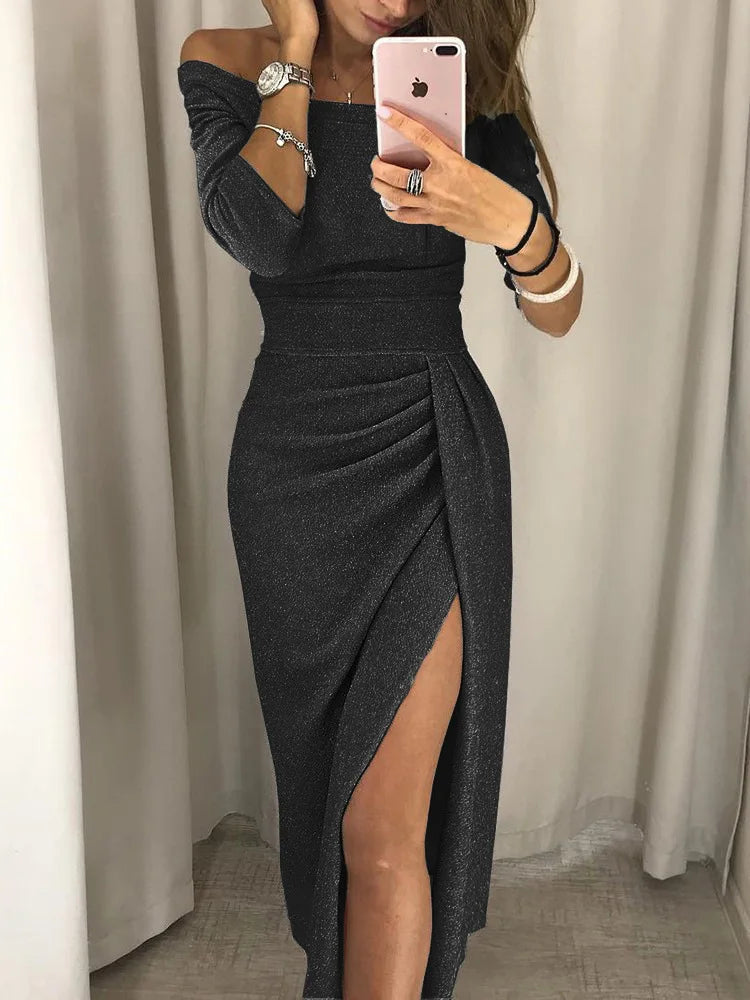 Women's Cocktail Off Shoulder Shimmer Midi Dress With Slit