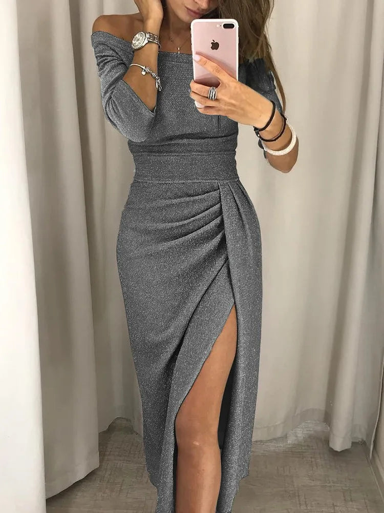 Women's Cocktail Off Shoulder Shimmer Midi Dress With Slit