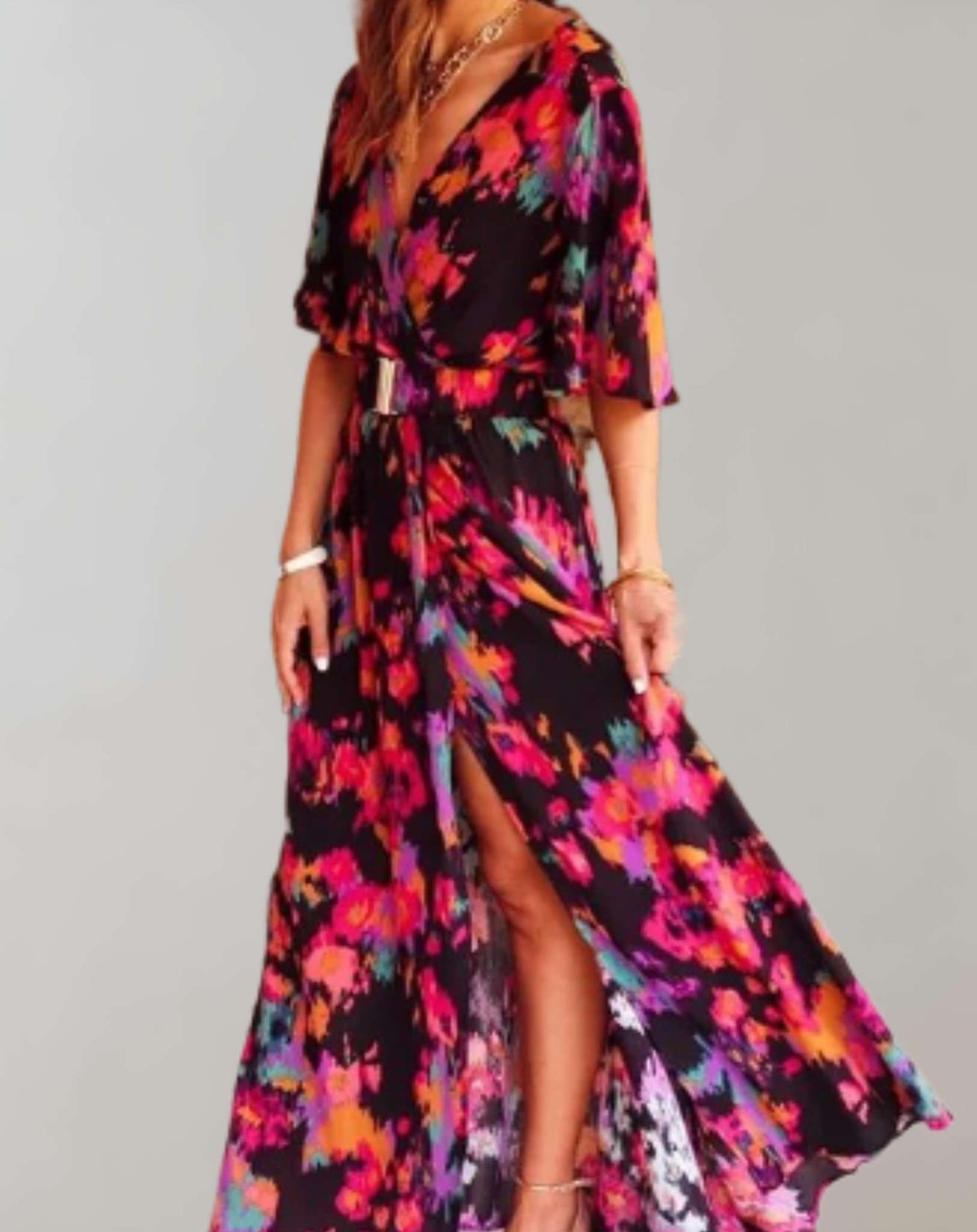 Women's Wedding Guest Printed V Neck Maxi Dress With Slit