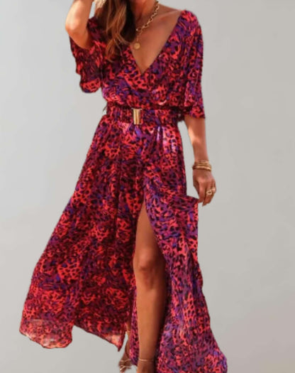 Women's Wedding Guest Printed V Neck Maxi Dress With Slit