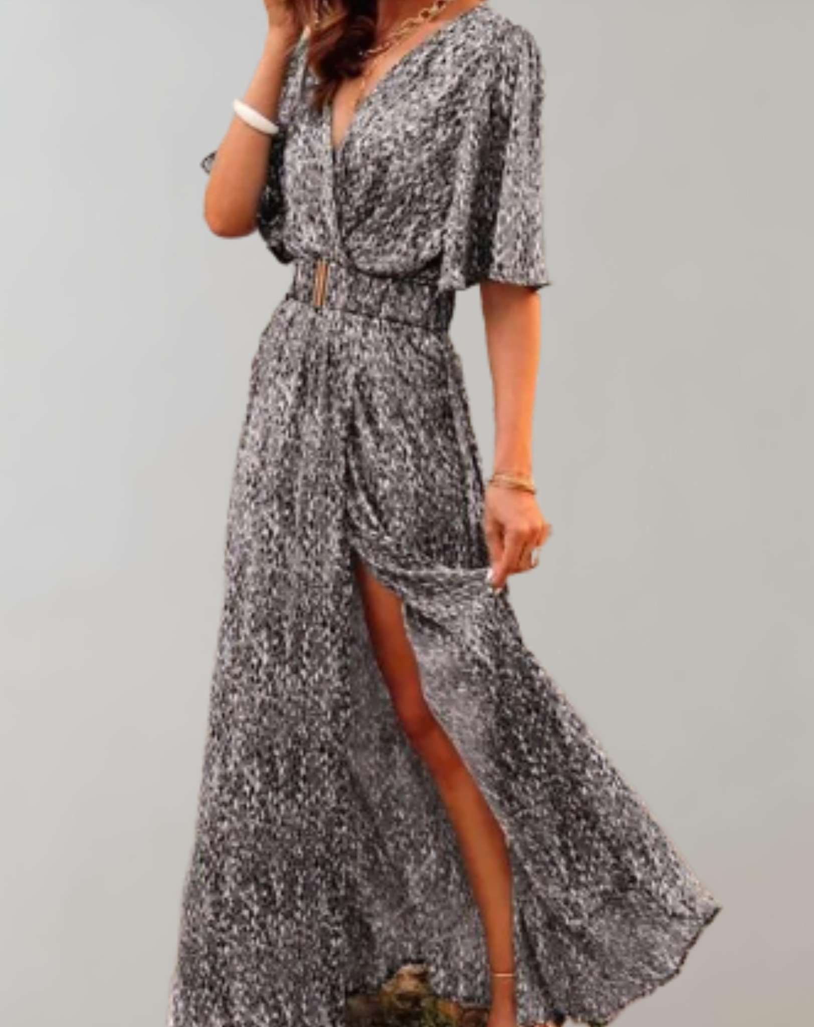 Women's Wedding Guest Printed V Neck Maxi Dress With Slit