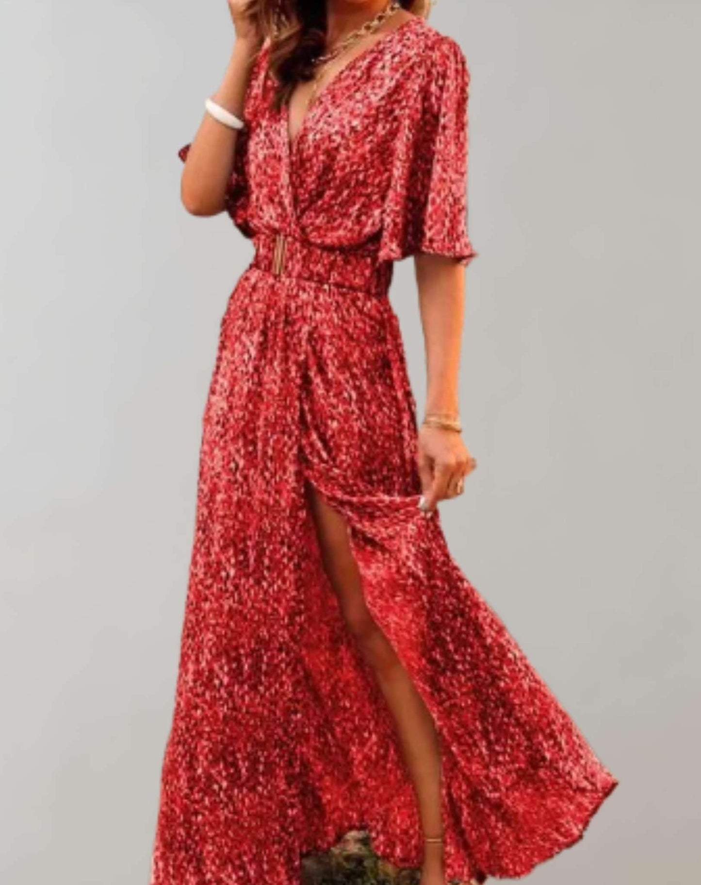 Women's Wedding Guest Printed V Neck Maxi Dress With Slit