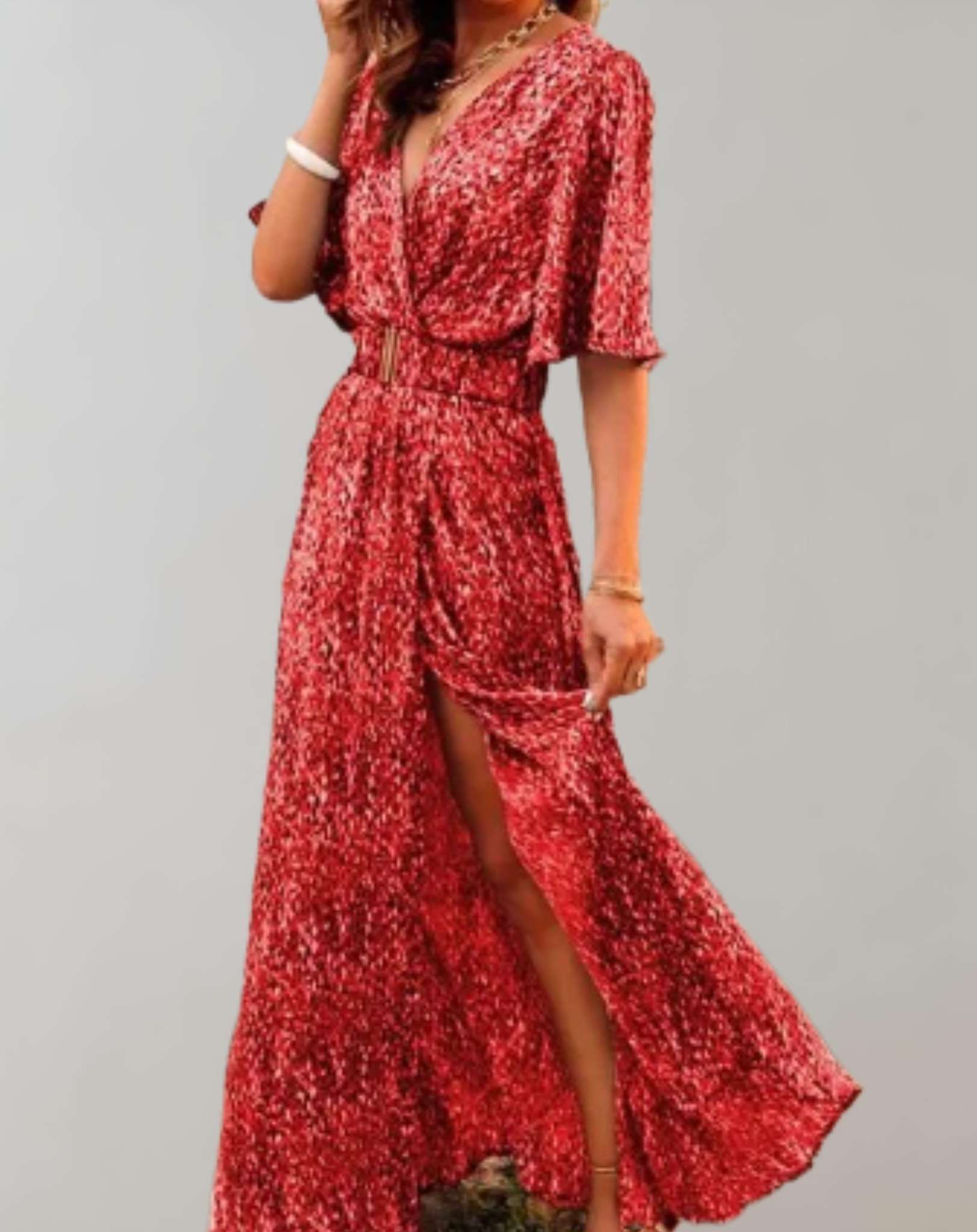 Women's Wedding Guest Printed V Neck Maxi Dress With Slit