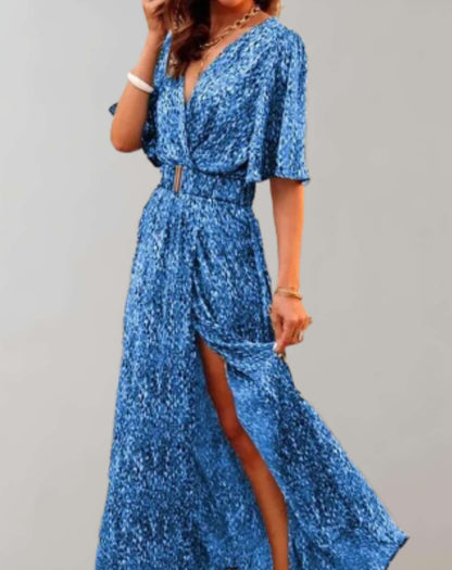 Women's Wedding Guest Printed V Neck Maxi Dress With Slit