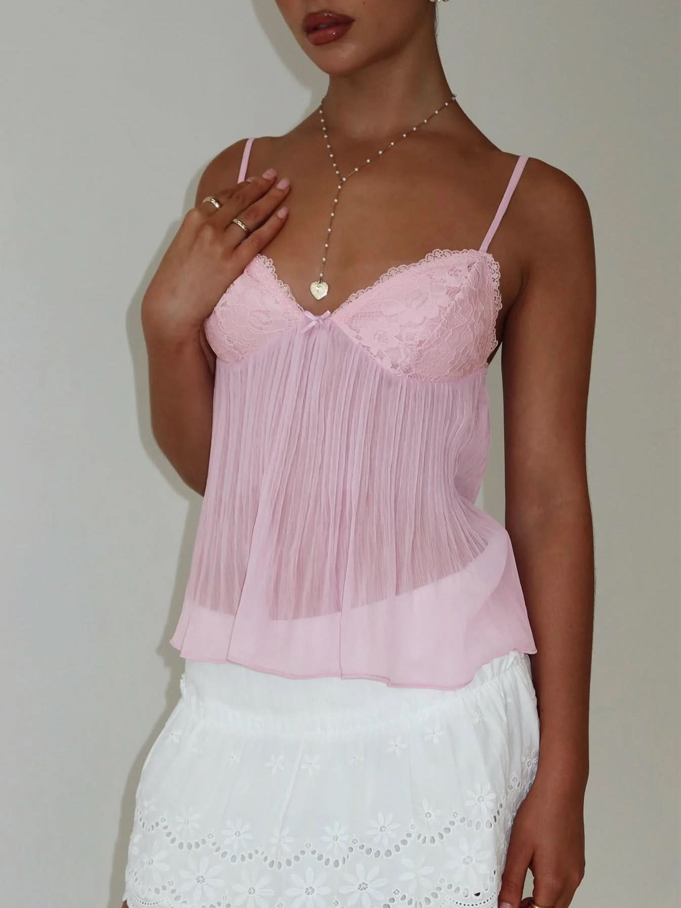 Women's Lace V Neck Pleated Cami Tank Top - product image 6