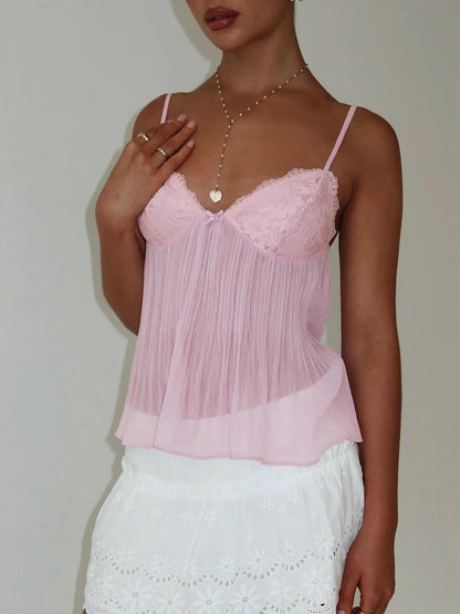 Women's Lace V Neck Pleated Cami Tank Top - product image 6