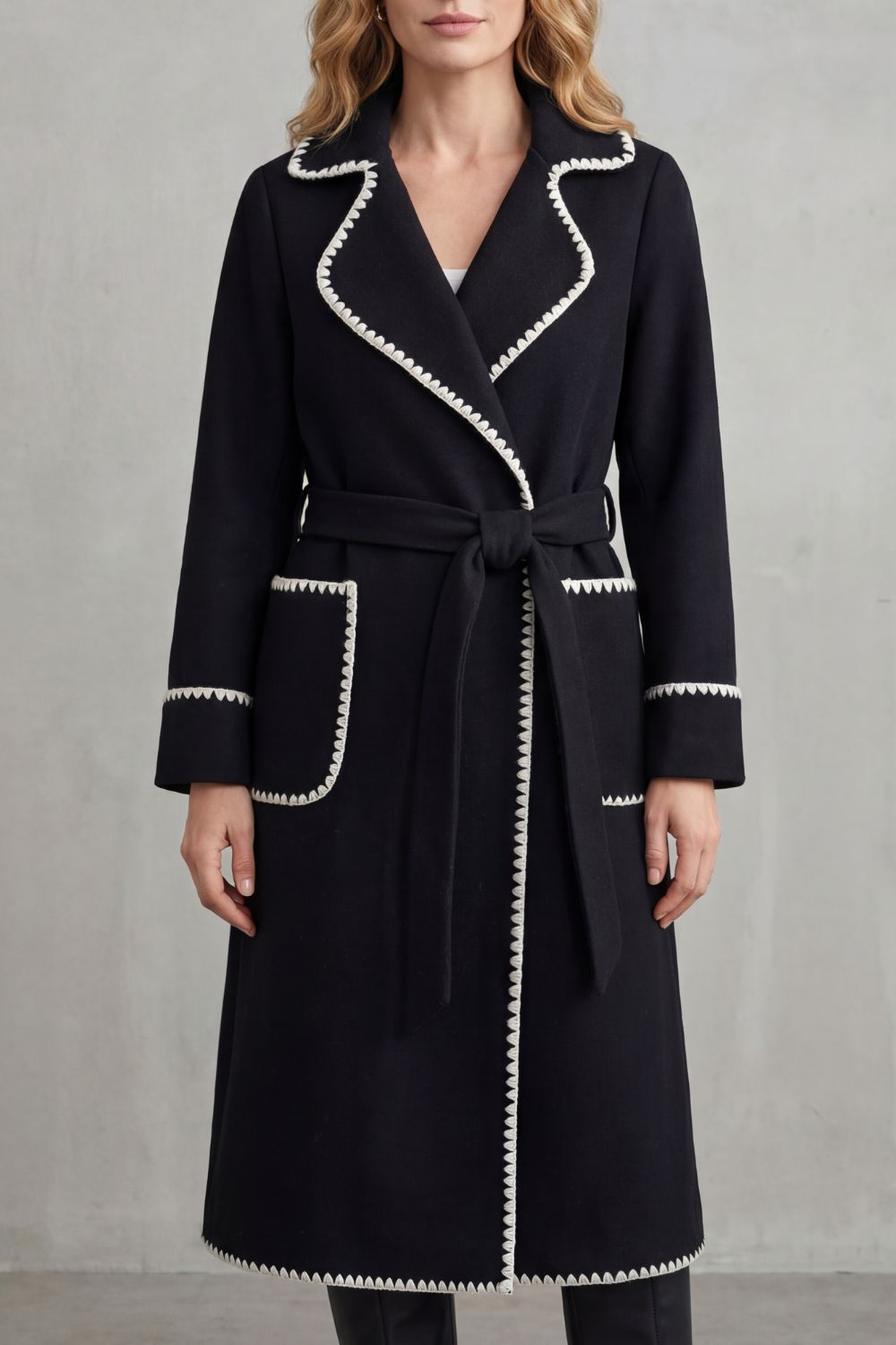 Women's Contrast Trim Belted Longline Wrap Coat - Black