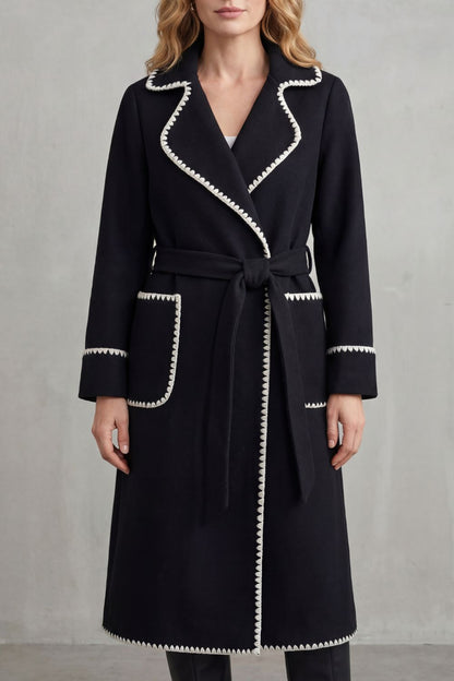 Women's Contrast Trim Belted Longline Wrap Coat - Black