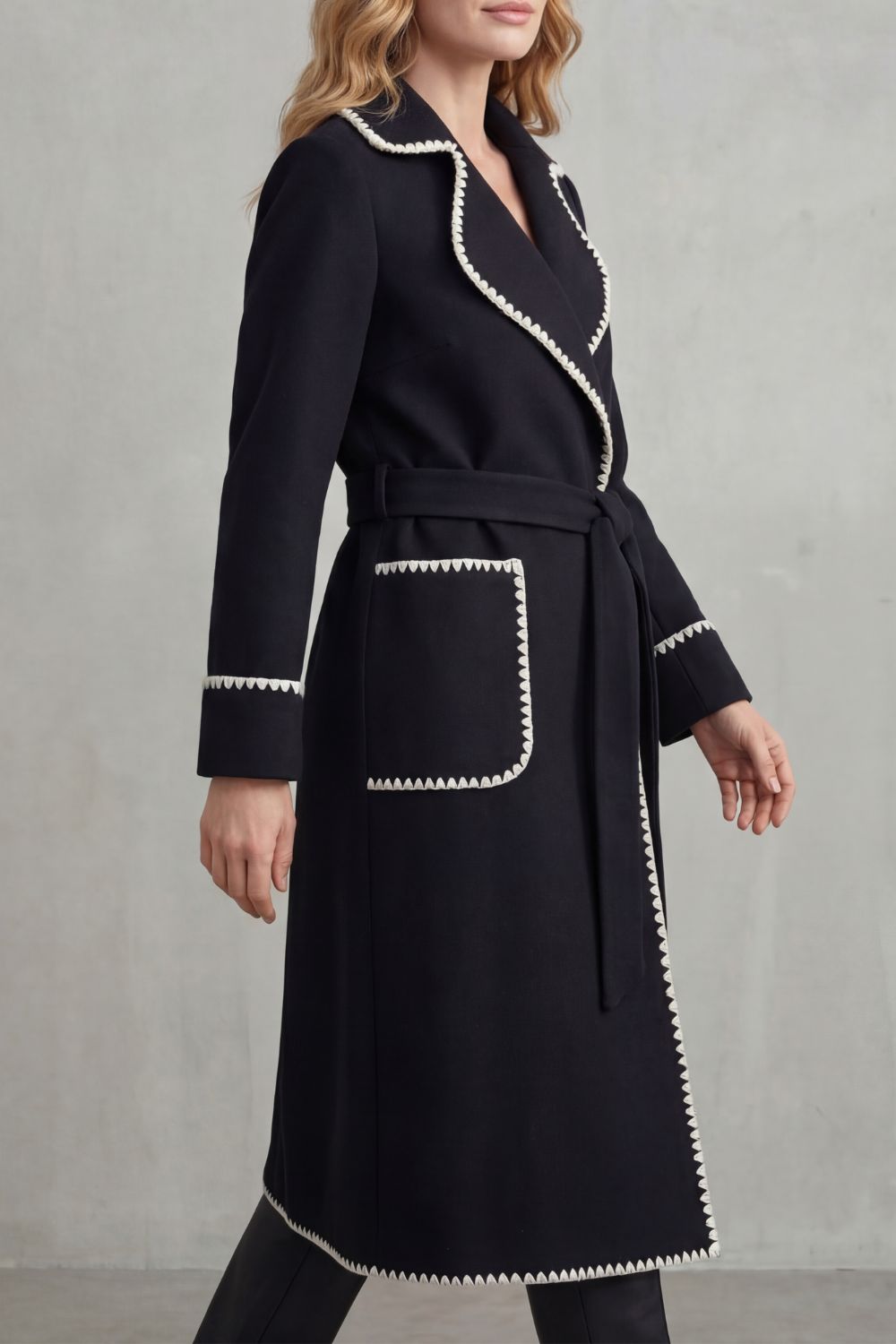 Women's Contrast Trim Belted Longline Wrap Coat