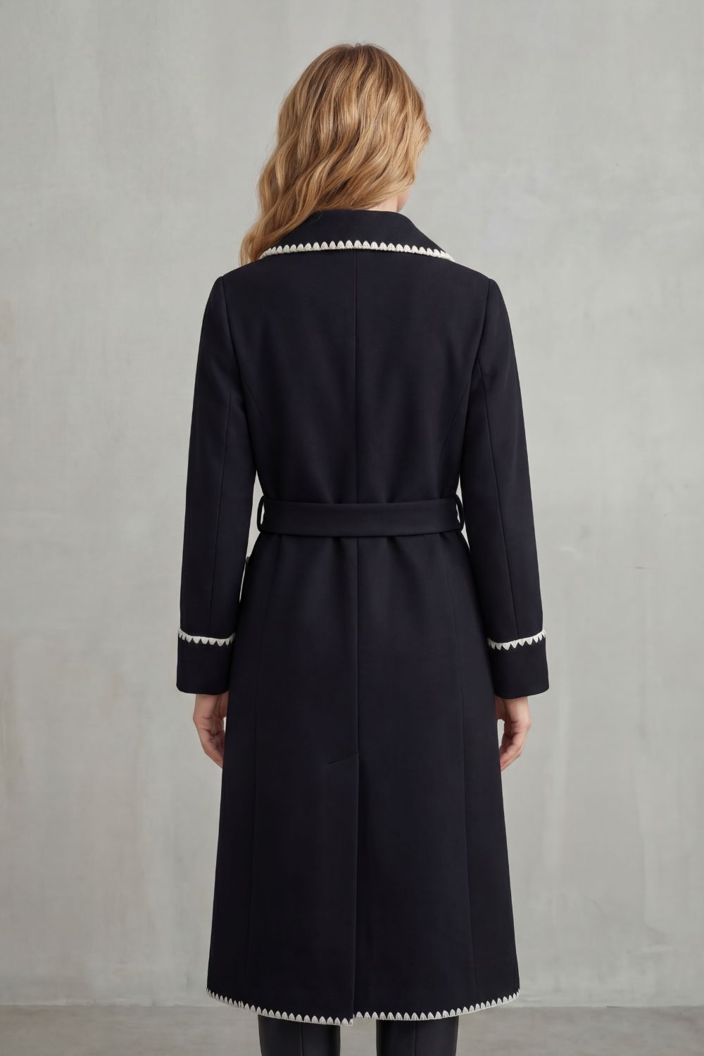Women's Contrast Trim Belted Longline Wrap Coat