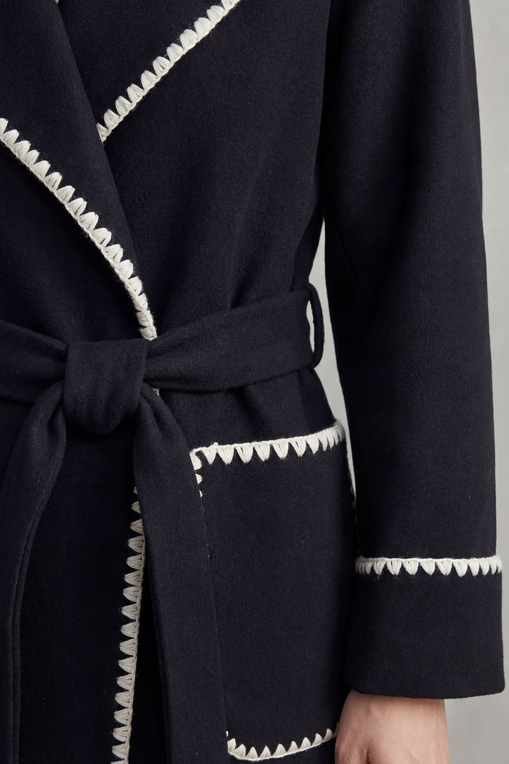 Women's Contrast Trim Belted Longline Wrap Coat