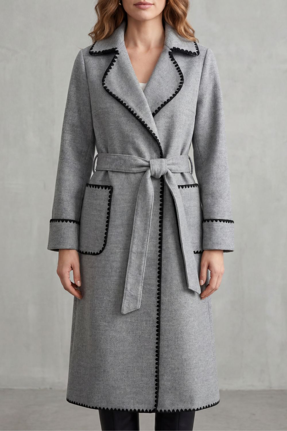 Women's Contrast Trim Belted Longline Wrap Coat - Gray