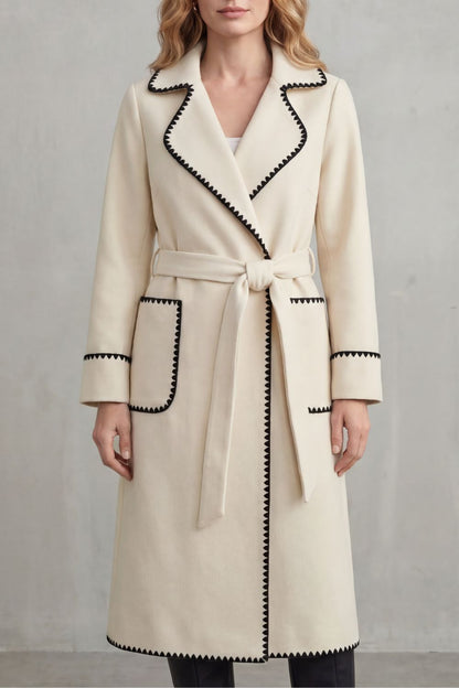 Women's Contrast Trim Belted Longline Wrap Coat - Cream