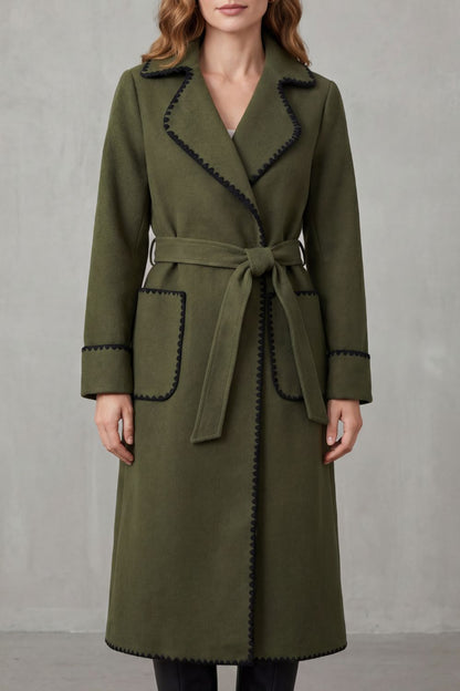 Women's Contrast Trim Belted Longline Wrap Coat - Olive