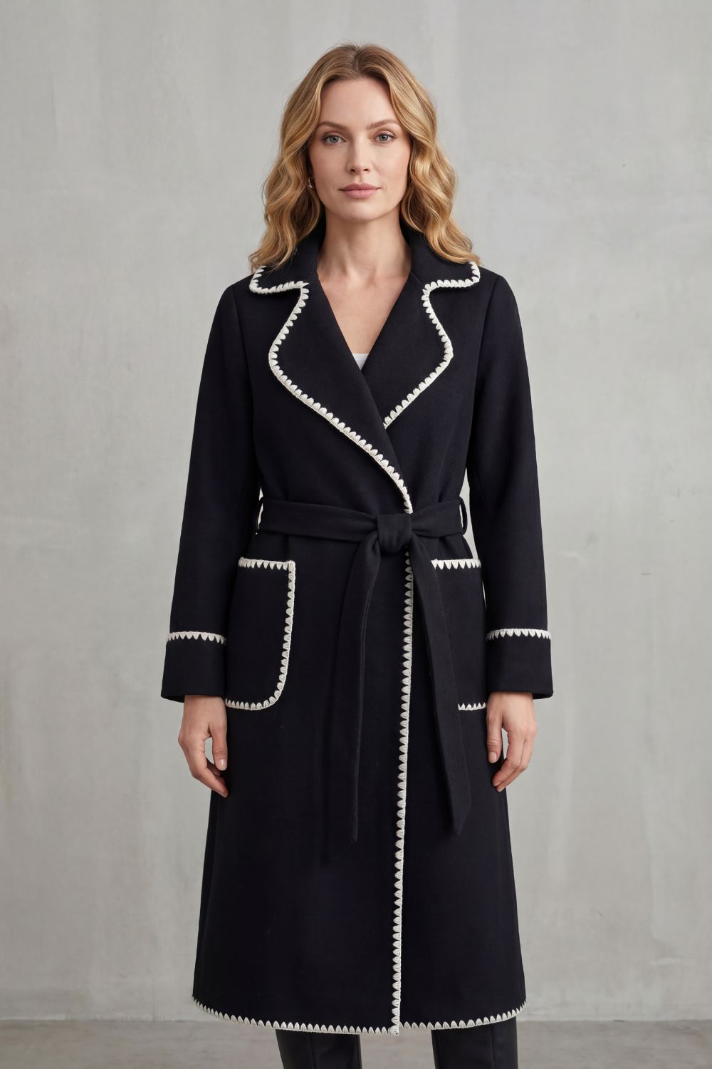 Women's Contrast Trim Belted Longline Wrap Coat