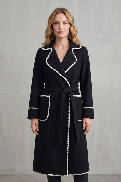 Women's Contrast Trim Belted Longline Wrap Coat