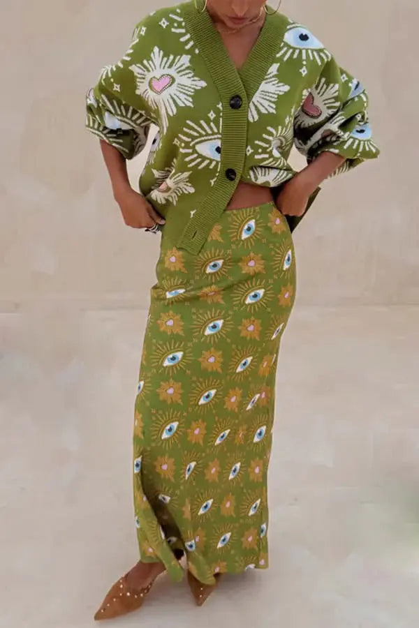Ophira™ | Symbolic Knit Cardigan & Skirt Claxoria