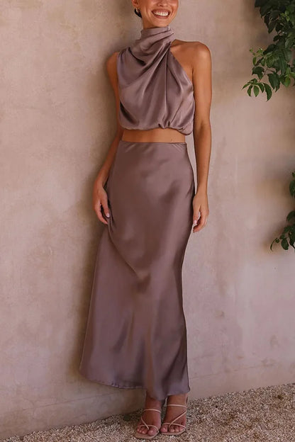 Women's Wedding Guest Satin Sleeveless Maxi Skirt Set